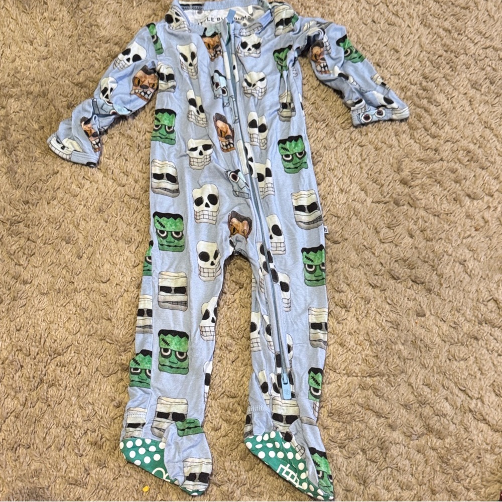 Light Blue Skull & Monster Kids Footed One-Piece Pajama